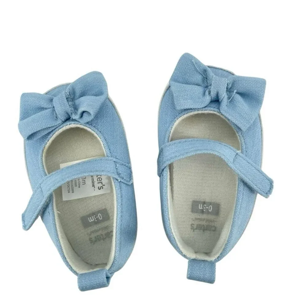Carter’s Baby Girl Blue Bow Mary Jane Crib Shoes Soft Sole Newborn 0-3M